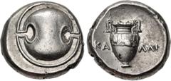 Greek BOEOTIA, Thebes. Circa 363-338 BC. AR Stater (24mm, 12.11 g, 11h). Kalli–, magistrate. Boeotian shield / Amphora; KA-ΛΛI across field; all within incuse concave circle. Hepworth 63; BCD Boiotia 