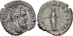 Roman Imperial Pertinax. AD 193. AR Denarius (17.5mm, 3.25 g, 12h). Rome mint. Laureate head right / Laetitia standing left, holding wreath and scepter. RIC IV 4a; Lempereur Type 8, 377 (D140/R213); R