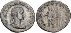 Roman Imperial Diadumenian. As Caesar, AD 217-218. AR Antoninianus (21.5mm, 4.65 g, 12h). Rome mint. 1st emission of Macrinus, AD 217. Radiate and draped bust right / Diadumenian standing left, holdin