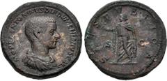 Roman Imperial Diadumenian. As Caesar, AD 217-218. Æ Sestertius (31.5mm, 19.70 g, 9h). Rome mint. 3rd emission of Macrinus, AD 218. Bareheaded, draped, and cuirassed bust right / Spes advancing left, 