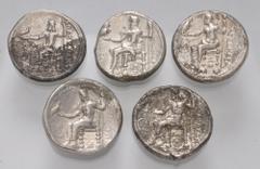 Large Lots GREEK. Northern Greece. Lot of five (5) Alexander-type AR Tetradrachms. Includes: Head of Herakles right, wearing lion skin / Zeus Aëtophoros seated left; various control marks. All identif