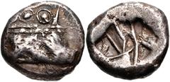 LYCIA, Phaselis. Circa 530-500 BC. AR Stater (20mm, 11.10 g). Prow of galley right, terminating in a boar’s forepart / Rough incuse punch. Heipp-Tamer Series III, Em. 1a, 20 var. (V-/R20); SNG von Aul