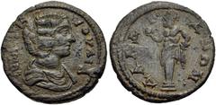 LYDIA, Daldis. Julia Domna. Augusta, AD 193-217. Æ 23mm (6.19 g, 6h). Laureate head right / Terminal statue of Herakles left, holding apple, lions’ skin over arm. SNG Munchen -; BMC -; SNG Copenhagen 