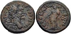 LYDIA, Hierocaesaraea. Septimius Severus. AD 193-211. Æ 19mm (4.18 g, 6h). Laureate head right / Tyche standing left, holding rudder and cornucopia. SNG Munchen -; BMC -; SNG Copenhagen -; SNG von Aul