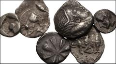 GREEK. Asia Minor. AR fractions from various cities. Includes: MYSIA, Kyzikos. Hemiobol. Forepart of boar / Head of lion (2 coins) // Lampsakos. Diobol. Janiform head / Head of Athena // AEOLIS, Aigai