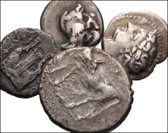GREEK. Miscellaneous. AR fractions, Gaul to Ionia. Includes: GAUL, Massalia. Obol // MYSIA, Parion. Hemidrachm // IONIA, Klazomenai. Diobol // IONIA, Kolophon. Diobol. Fine-VF, some roughness. LOT SOL