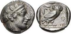 Greek ATTICA, Athens. Circa 454-404 BC. AR Tetradrachm (25mm, 17.07 g, 8h). Helmeted head of Athena right, with frontal eye / Owl standing right, head facing, closed tail feathers; olive spray and cre