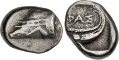 Greek LYCIA, Phaselis. Circa 500-440 BC. AR Third Stater – Tetrobol (15.5mm, 3.44 g, 10h). Prow of galley left in the form of a forepart of a boar / Stern of galley right within incuse square. Heipp-T