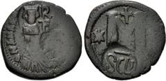 Byzantine Heraclius. 610-641. Æ Follis ( 31mm, 14.60 g, 6h). Uncertain Sicilian mint. Struck circa 620. Crowned and draped facing bust of Heraclius; monogram to right; all within circular punch / SCLs