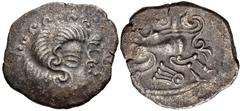CELTIC, Northwest Gaul. Coriosolites . Circa 100-50 BC. BI Stater (22mm, 6.71 g, 12h). Celtic head right, hair in large spiral curls, S-like ear / Celticized rider on horseback right; spiral ornament 