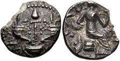 CELTIC, Britain. Atrebates & Regni . Verica. Circa AD 10-40. AR Unit (13mm, 0.89 g, 11h). Thyrsos between two cornuacopias, all issuing from kantharos / Female seated on cuirass right; shield behind. 