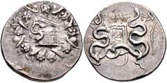 LYDIA, Nysa. Circa 133-67 BC. AR Tetradrachm (26mm, 12.61 g, 11h). Poinix-, magistrate. Dated CY 24 (111/0 BC). Cista mystica with serpent; all within ivy wreath / Bow-case with serpents; to right, KΔ