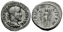 ROMAN IMPERIAL (Silver, 3.64g 20mm) MAXIMINUS THRAX (235-238). Denarius. Rome. Laureate, draped and cuirassed bust right. Rev: Maximinus standing left, raising hand and holding spear; standard to left