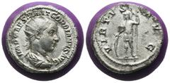 Roman Imperial Gordian III. (238 AD) AR Denar. Rome. Obv: IMP M ANT GORDIANVS AFR AVG. laureate bust of Gordian right. Rev: VIRTVS AVG. Virtus standing left, holding shield set on ground in right hand