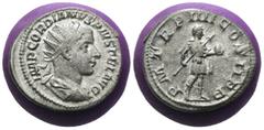 Roman Imperial Gordian III. (238-244 AD) AR Antoninian. Antioch. Obv: IMP GORDIANVS PIVS FEL AVG. radiate and cuirassed bust of Gordian right. Rev: PM TRP III COS II PP. Gordian standing right, holdin