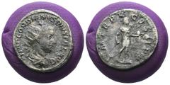 Roman Imperial Gordian III. (238-244 AD) AR Antoninian. Antioch. Obv: IMP GORDIANVS PIVS FEL AVG. radiate and cuirassed bust of Gordian right. Rev: PM TRP III COS II PP. Gordian standing right, holdin
