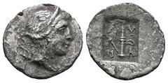 Greek Lycia. Masikytes. Lycian League 48-23 BC. 1/4 Drachm AR. Draped bust of Artemis left, bow and quiver over shoulder / Λ-Y M-A; quiver, torch (?) to left; all within incuse square. Weight 0,66 gr 