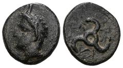 Greek DYNASTS OF LYCIA. Perikles (Circa 380-360 BC). Ae. Obv: Horned head of Pan left . Rev: Triskeles. Weight 2,20 gr - Diameter 13 mm.
