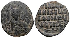 Byzantine Byzantine Anonymous Folles. temp. Basil II & Constantine VIII, circa 1020-1028. Æ Follis Class A3. Constantinople mint. Facing bust of Christ Pantokrator / +IҺSЧS/ XRISTЧS/ BASILЄЧ/ BASILЄ’ 