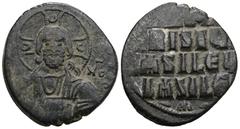 Byzantine Byzantine Anonymous Folles. temp. Basil II & Constantine VIII, circa 1020-1028. Æ Follis Class A3. Constantinople mint. Facing bust of Christ Pantokrator / +IҺSЧS/ XRISTЧS/ BASILЄЧ/ BASILЄ’ 