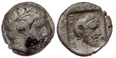 Greek Mysia. Pergamon circa 400 BC. Eurysthenes Satrap AR Diobol Laureate head of Apollo right. Rev: ΠΕΡ[Γ], bearded, male head right, wearing Persian tiara; all within incuse square. Cf. SNG France 1