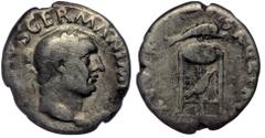Roman Imperial Vitellius (69) AR Denarius, Rome, April-December 69. A VITELLIVS GERMAN IMP TR P - Laureate head of Vitellius to right Rev: XV VIR SACR FAC - Tripod with covered vessel; below, raven st