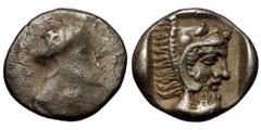 Greek LYCIA, Telmessos. Circa 410-390 BC. AR Diobol ( silver. 1.53 g. 13 mm ). Helmeted head of Athena right. Rev: Bearded head of Herakles right, wearing lion skin headdress; all within incuse square
