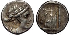 Greek LYCIA, Olympos. ( Silver. 2.65 g. 14 mm) 2.-1. Century BC. Pseudo Lycian League coinage. AR Drachm. Laureate head of Apollo Rev: Lyre with palm branch and thunderbolt to sides all in incuse squa
