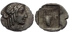 Greek Lykian League, Kragos ( Silver. 1.42 g. 16 mm) AR Hemidrachm. Circa 35-30 BC. Head of Apollo right, wearing taenia Rev: Kithara of four strings, above, K-P across upper fields, all within shallo