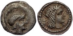 Greek LYCIA. Dynast of Xanthos ( Silver. 0.78 g. 12 mm) Obol circa 410- 400 B.C. Head of Athena right in crested helmet, border of dots Rev: Head of Apollo right, behind head diskeles left, the whole 