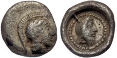 Greek Dynasts of Lycia. ( Silver. 0.70 g. 9 mm) Uncertain mint. Kherei 410-390 BC. Obol AR Head of Athena right, wearing crested Attic helmet. Rev: Bearded head of dynast right, wearing kyrbasia, with