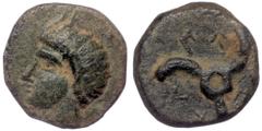 Greek DYNASTS of LYCIA. Perikles ( Bronze. 1.62 g. 12 mm) . Circa 380-360 BC. Horned head of Pan left. Rev: Triskeles. Falghera 219-23; SNG von Aulock 4257-8.