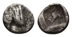 Greek (Silver. 0.24 g. 6 mm) Lycia, Uncertain Dynast, c. 470-400 BC. Trihemitetartemorion. AR Forepart of bull Rev: Triskeles within incuse