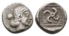 Greek (Silver. 0.78 g. 9 mm) DYNASTS of LYCIA. Teththiweibi. Circa 450-430/20 BC. AR Obol Phellos mint. Head of Aphrodite right Tetraskeles; T-E-Th-Th (in Lycian) retrograde around; all in dotted squa