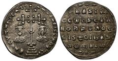 Byzantine BASIL II Bulgaroktonos, with Constantine VIII (976-1025) AR Miliaresion (Silver, 2.62g, 23mm) Constantinople, 989-1025. Obv: ЄҺ τOVτω ҺICAτ´ bASILЄI C CωҺSτ - Ornamented cross set on four st