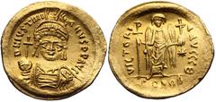 Gold and Electrum (Gold.4.48g. 22mm) BYZANTINE EMPIRE. Justinian I, 527-565 AD. Gold Solidus (4.26 gm) of Constantinople. D N IVSTINI-ANVS PP AVI VICTORI-A AVCCC E Armored bust, facing, holding orb an