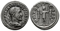 Roman Imperial (Silver. 2.73g 20mm) MAXIMINUS THRAX (235-238). Denarius. Rome. Laureate, draped and cuirassed bust right. Rev: Maximinus standing left, raising hand and holding spear; standard to left