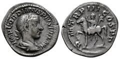 Roman Imperial (Silver. 2.70g 19mm) Gordian III, 238-244. Denarius Rome, 240. Laureate, draped and cuirassed bust of Gordian III to right, Gordian III on horseback left, raising his right hand in salu