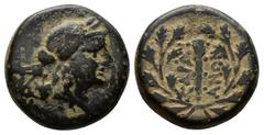 Greek (3.50g 15mm Bronze) Lydia, Sardes. Ca. 133 B.C.-A.D. 14 AE Laureate head of Apollo right, ΣΣP behind Rev.ΣAPΔI-ANΩN, club within oak wreath, monogram. GRPC Lydia 53.