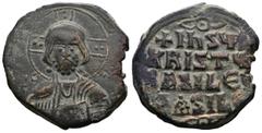 Byzantine Anonymous Folles. temp. Basil II & Constantine VIII, circa 1020-1028. AE Follis. Constantinople mint. Facing bust of Christ Pantokrator Rev. +IҺSЧS/ XRISTЧS/ BASILЄЧ/ BASILЄ’ in four lines; 
