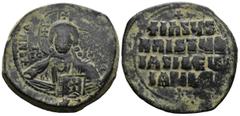 Byzantine Anonymous Folles. temp. Basil II & Constantine VIII, circa 1020-1028. AE Follis. Constantinople. Facing bust of Christ Pantokrator Rev. +IҺSЧS/ XRISTЧS/ BASILЄЧ/ BASILЄ’ in four lines; ornam