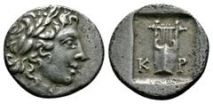 Greek (Silver.1.59g 15mm) Lycia. Kragos. Lycian League circa 48-42 BC. Hemidrachm AR laureate head of Apollo right / K - P, lyre within incuse square. RPC I 3301; Troxell 84.