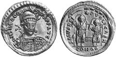 THE ANCIENT WORLD ROMAN IMPERIAL COINAGE No.: 326 Estimate: USD 300 Eastern Roman Empire. Theodosius II, 402-450 AD. GOLD Solidus, 425-9 AD. Constantinople. 4.2 gm. Helmeted, diademed half-bust ¾ r. w