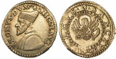 RINASCIMENTO ITALIANO VENEZIA, NICOLÒ TRON, 1471-1474. Lira da 20 Soldi (I tipo senza ramo d'edera al diritto). NICOLAVS TRONVS DVX (foglia) Busto barbato a s. con corno dogale. R/ (ferro di cavallo) 
