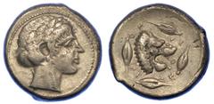 MONETE GRECHE SICILIA - LEONTINI. Tetradracma, anno 440 circa. Testa laureata di Apollo a d. R/ Testa di leone a d., con mascelle aperte e lingua sporgente; intorno, quattro semi d'orzo. Rizzo pl. XXI