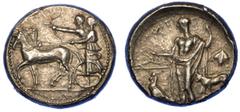 MONETE GRECHE SICILIA - SELINUNTE. Tetradracma, anni 455-409 a.C. Artemide guida la quadriga verso s.; accanto a lei, al suo fianco, Apollo, tende l'arco. R/ Selinus in piedi tiene un ramo e una phial