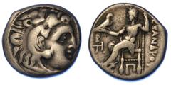 MONETE GRECHE REGNO DI MACEDONIA. ALESSANDRO III MAGNO, 336-323 a.C. Dracma. Colophon. Testa a d. con pelle di leone. R/ Zeus Etoforo seduto a s. regge lungo scettro. Price 1810. g. 4,17. Diam. mm. 16