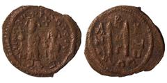 Islamic Arab Byzantine, circa 642-646. Imitating 'Cyprus follis of Heraclius, with Heraclius Constantine, 610-641. Follis (bronze, 4.26 g, 26 mm), Uncertain mint in Syria. Heraclius and Heraclius Cons