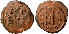 Islamic Umayyad Caliphate. Circa 642-646. Imitating 'Cyprus follis of Heraclius, with Heraclius Constantine, 610-641. Follis (bronze, 4.18 g, 25 mm), Uncertain mint in Syria. Heraclius and Heraclius C
