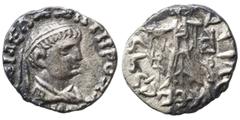 Indo Greek BAKTRIA. Indo-Greek Kingdom. Zoilos III Soter, circa 45-35 BC. Drachm (silver, 1.93 g, 16 mm). Diademed and draped bust right. Rev. Athena Alkidemos advancing left; kharoshthi letter in lef
